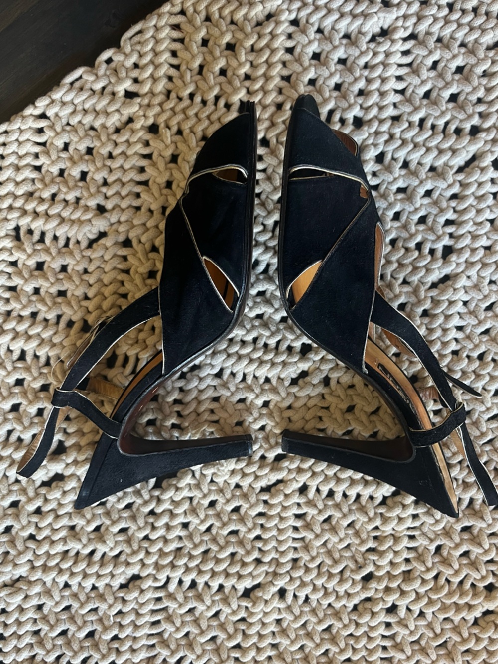 Maud Frizon Vintage Holt Renfrew Suede Black and Gold Heels 8.5 Excellent